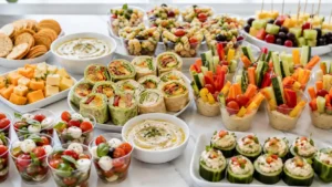 Make-ahead finger foods for a crowd with pasta salad cups, fruit skewers, wraps, dips, veggie cups, and cheese bites on a party table