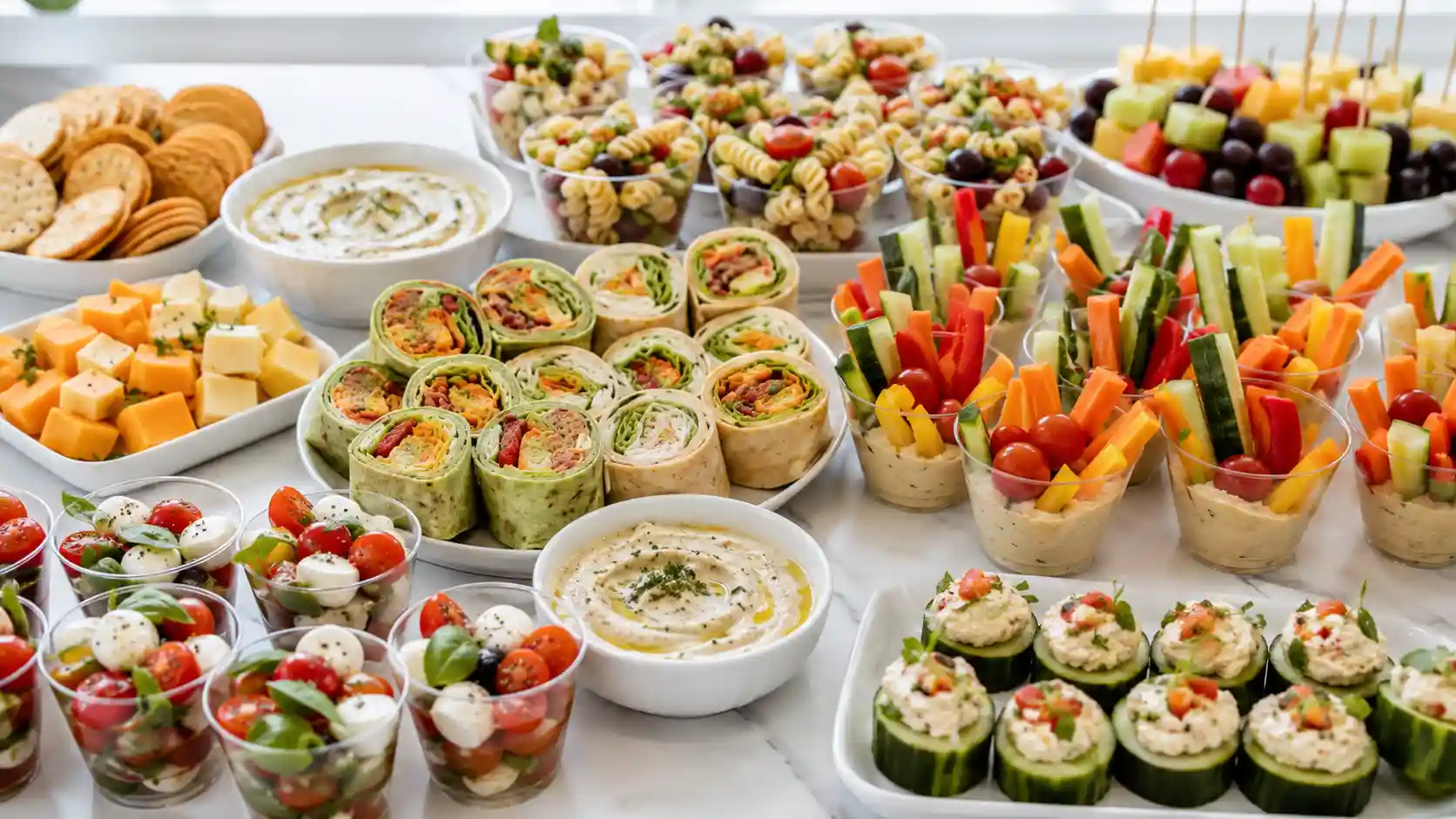 Make-ahead finger foods for a crowd with pasta salad cups, fruit skewers, wraps, dips, veggie cups, and cheese bites on a party table