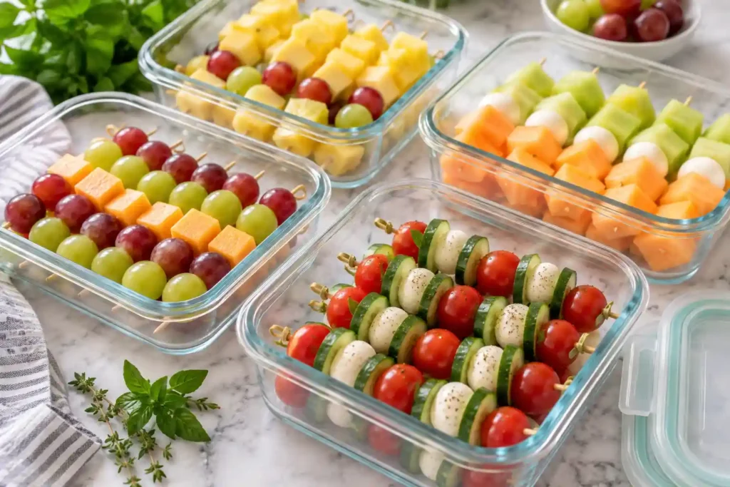 Make-ahead fruit and cheese skewers stored in glass containers for a party