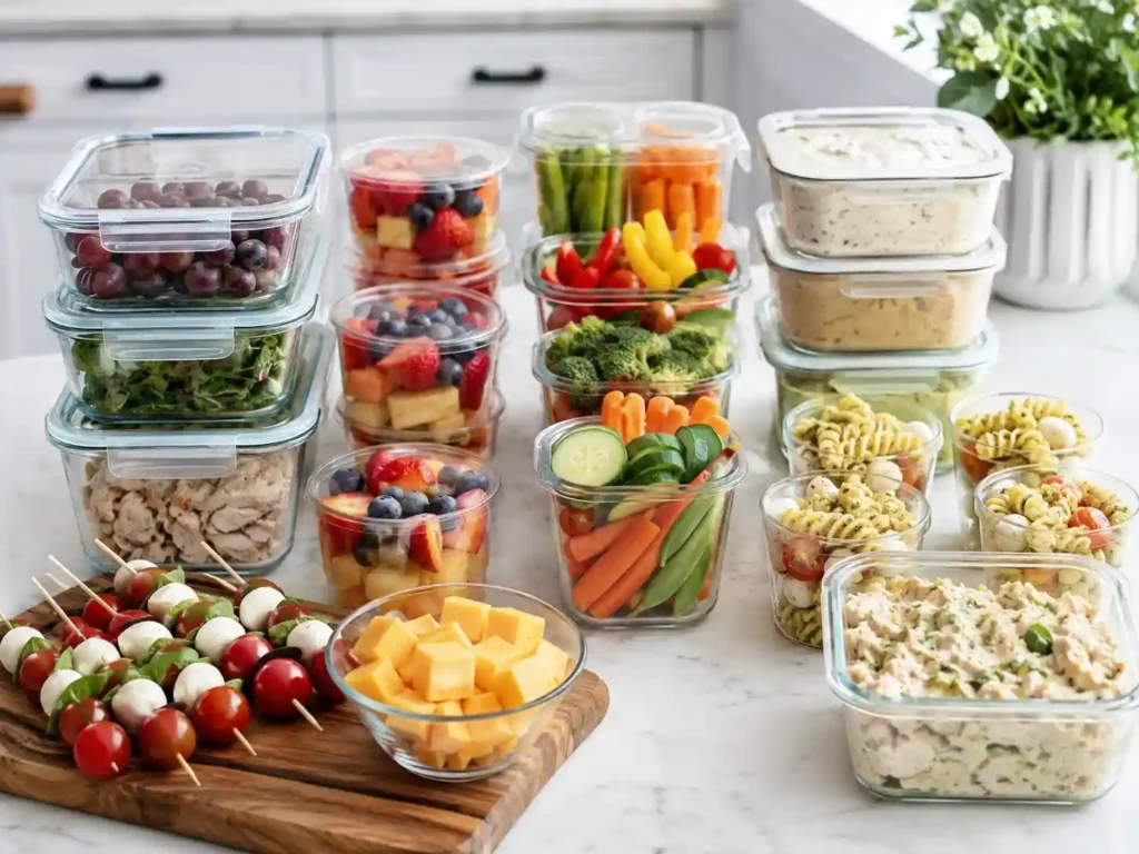 Make-ahead party food prep with fruit cups, veggie cups, skewers, dips, and sandwich fillings