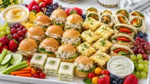 Mini sandwich ideas for party platters with turkey, chicken, cucumber, hummus, and egg salad sandwiches