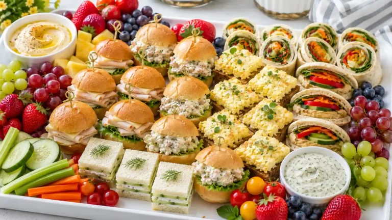 Mini sandwich ideas for party platters with turkey, chicken, cucumber, hummus, and egg salad sandwiches