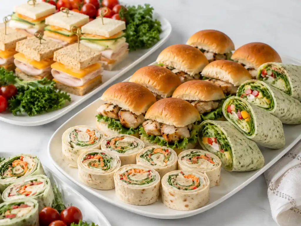 Mini sandwiches, wraps, and pinwheels on a party platter for buffet finger foods