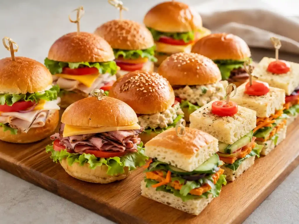 Mini sandwiches and wraps on a party platter with turkey, grilled chicken, veggie wraps, and pinwheels
