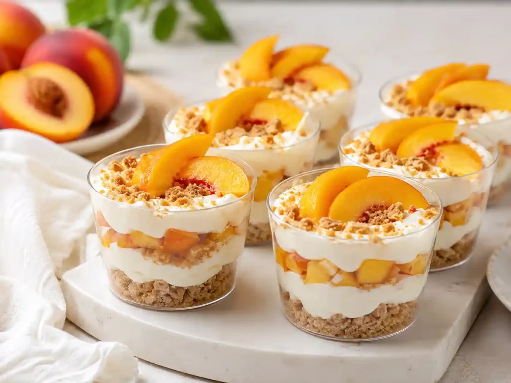No-bake peach dessert cups with creamy layers, diced peaches, and fresh peach slices.