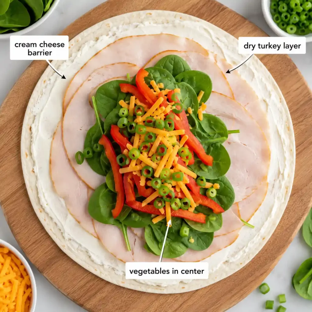 Turkey pinwheel tortilla layered with cream cheese, turkey, cheddar, spinach, bell pepper, and green onions before rolling