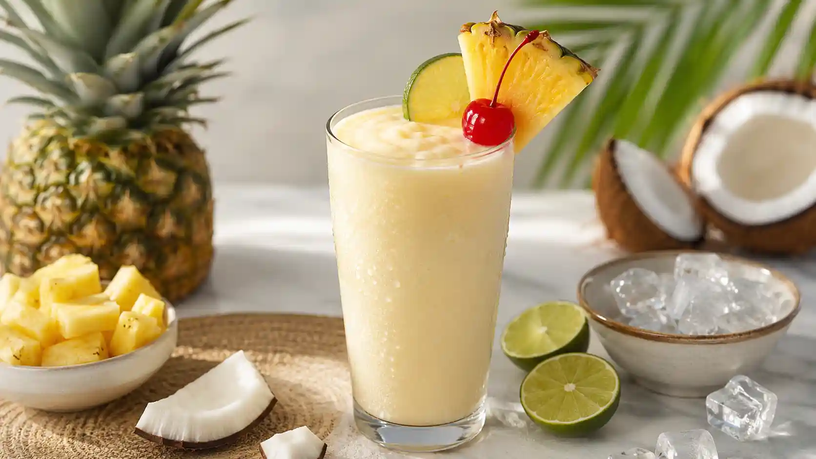 Creamy non-alcoholic piña colada mocktail with pineapple and cherry garnish