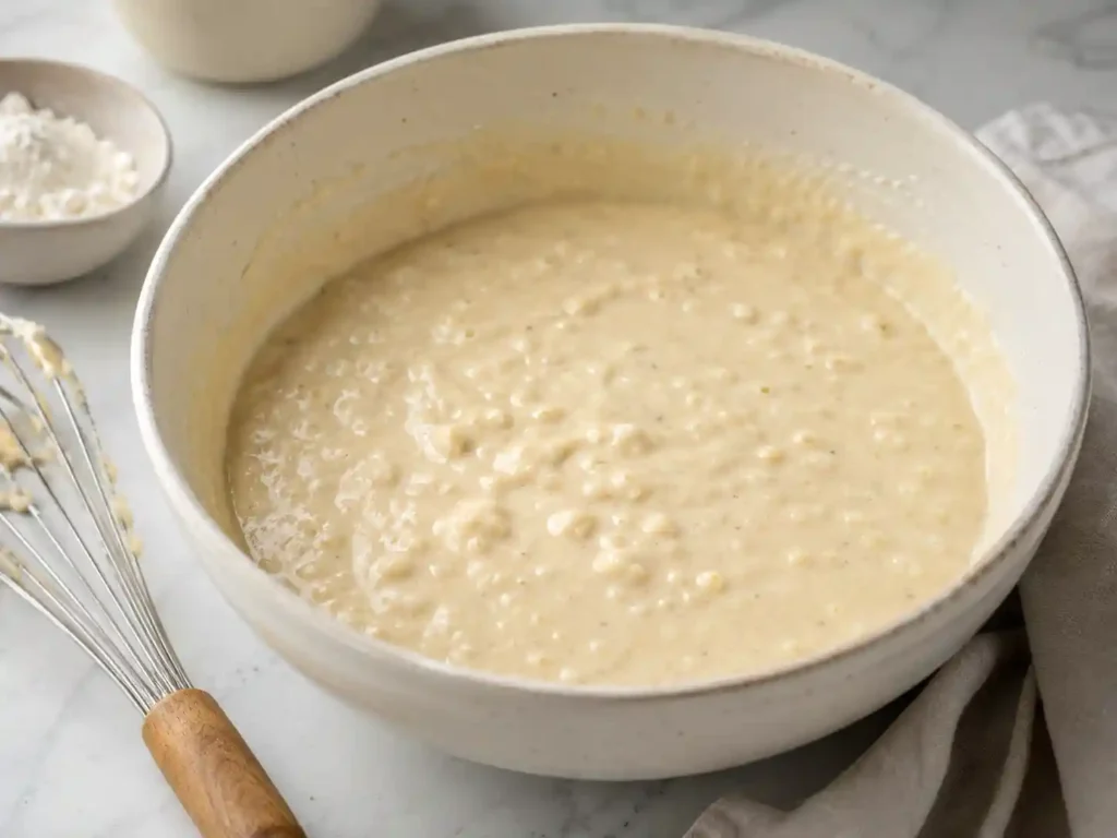 Homemade pancake batter with a few small lumps in a mixing bowl