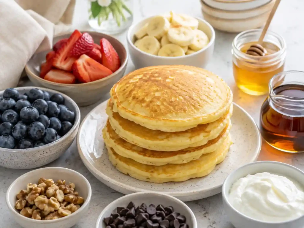 Pancakes surrounded by blueberries, strawberries, banana slices, chocolate chips, chopped nuts, Greek yogurt, and maple syrup.