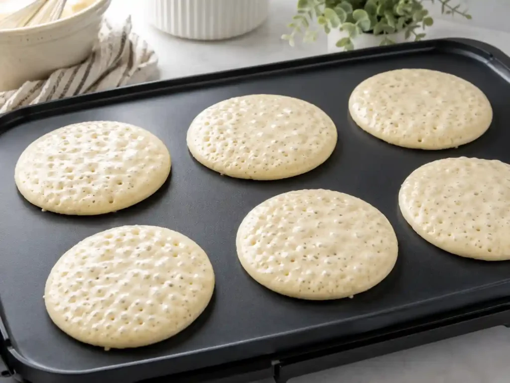 Pancakes cooking on a griddle with bubbles forming on top and edges beginning to set