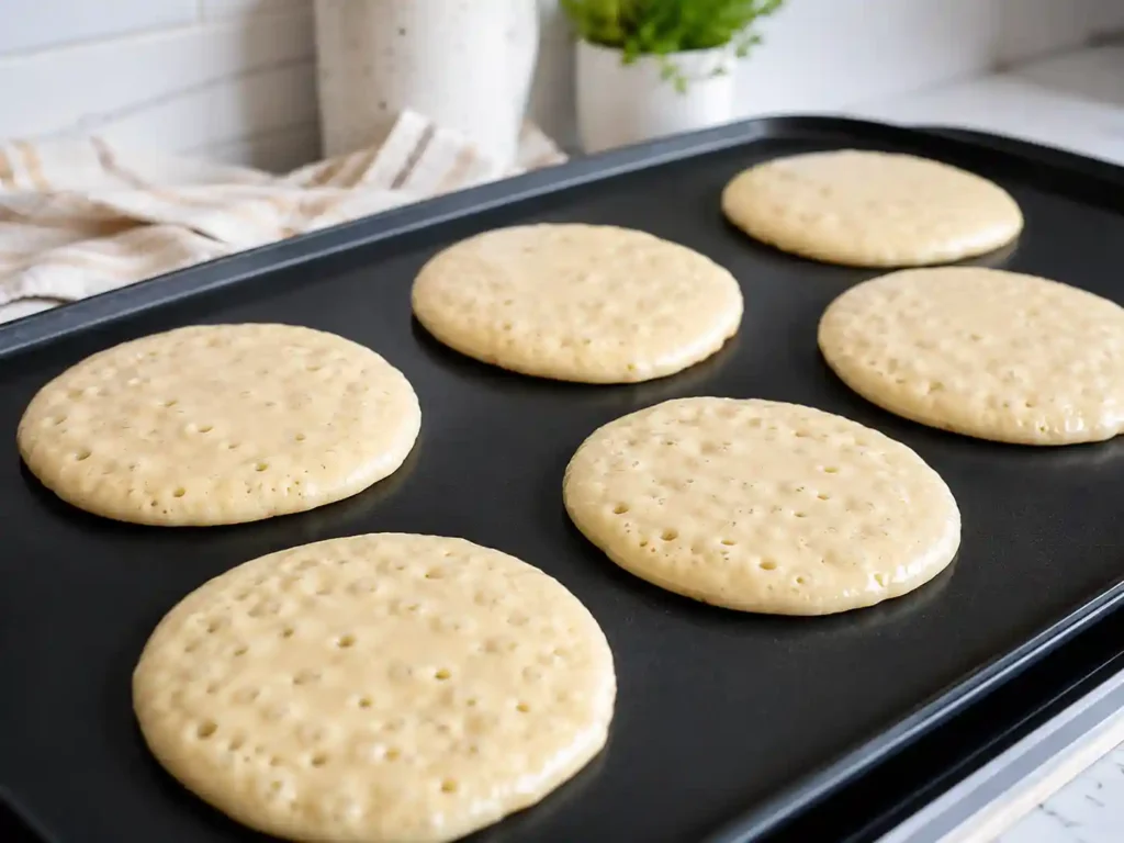 Pancakes cooking on a griddle with bubbles forming on the surface and set edges.