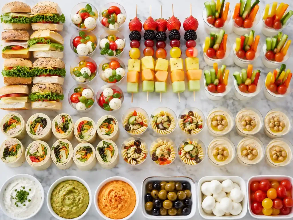 Party food calculator visual with rows of finger foods for a buffet table