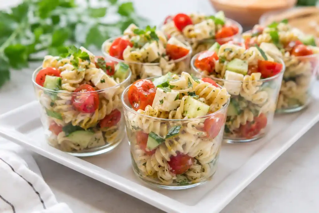 Pasta salad cups in small appetizer cups for make-ahead finger foods for a crowd