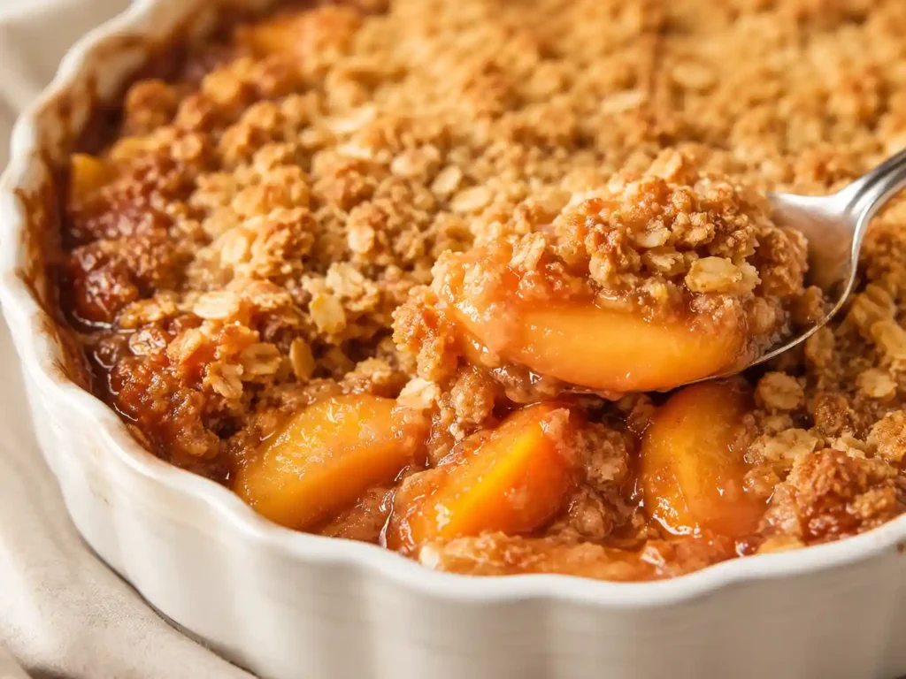 Close-up of warm peach crisp with juicy peach filling and golden oat crumb topping.