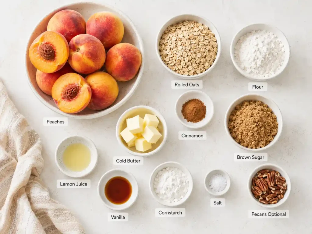 Labeled ingredients for peach crisp including peaches, oats, flour, brown sugar, cinnamon, butter, lemon juice, vanilla, cornstarch, salt, and optional pecans.