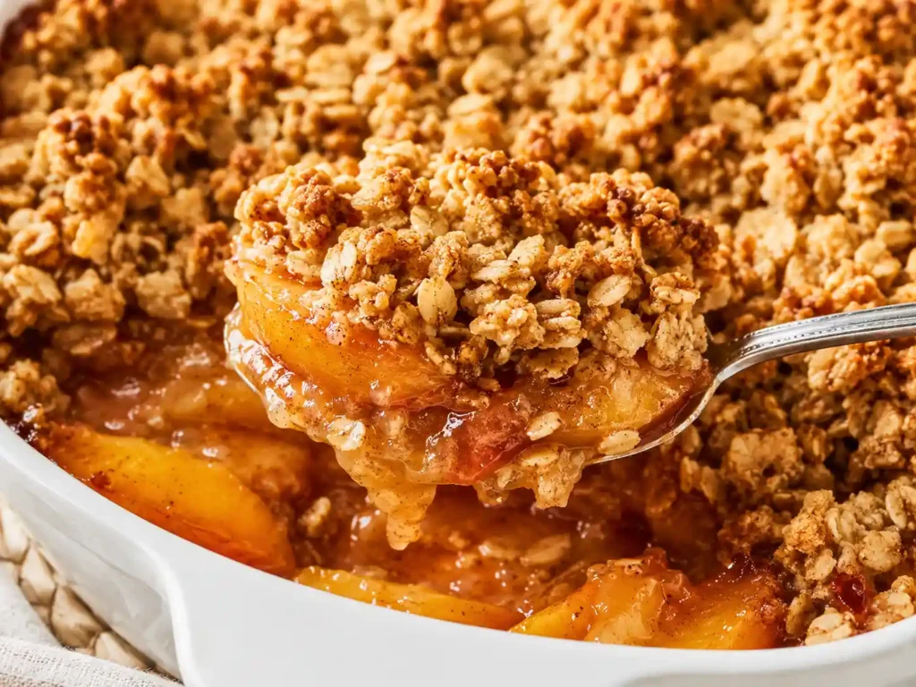 Close-up of golden oat crumble topping with juicy baked peaches underneath.