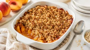 Warm peach crisp with golden oat topping served in a white baking dish.