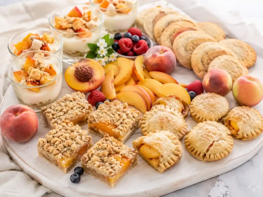 Peach dessert board with peach bars, mini hand pies, sliced peaches, cream cups, cookies, and fruit.