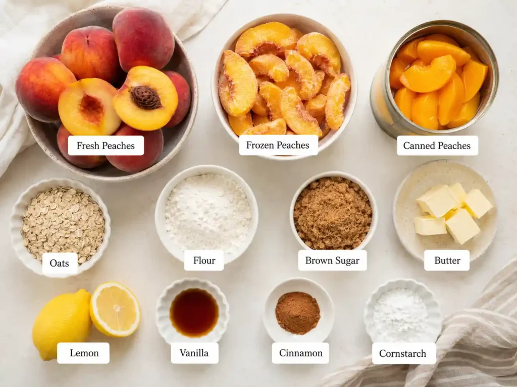 Labeled peach dessert ingredients including fresh peaches, frozen peaches, canned peaches, oats, flour, brown sugar, butter, lemon, vanilla, cinnamon, and cornstarch.