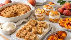 Summer peach dessert spread with peach crisp, peach bars, peach cups, grilled peaches, and fresh sliced peaches.