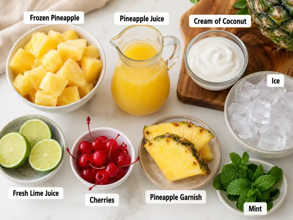 Frozen pineapple, pineapple juice, cream of coconut, ice, and lime for piña colada mocktail