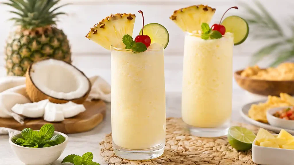 Two glasses of non-alcoholic piña colada mocktail with pineapple and cherry garnish