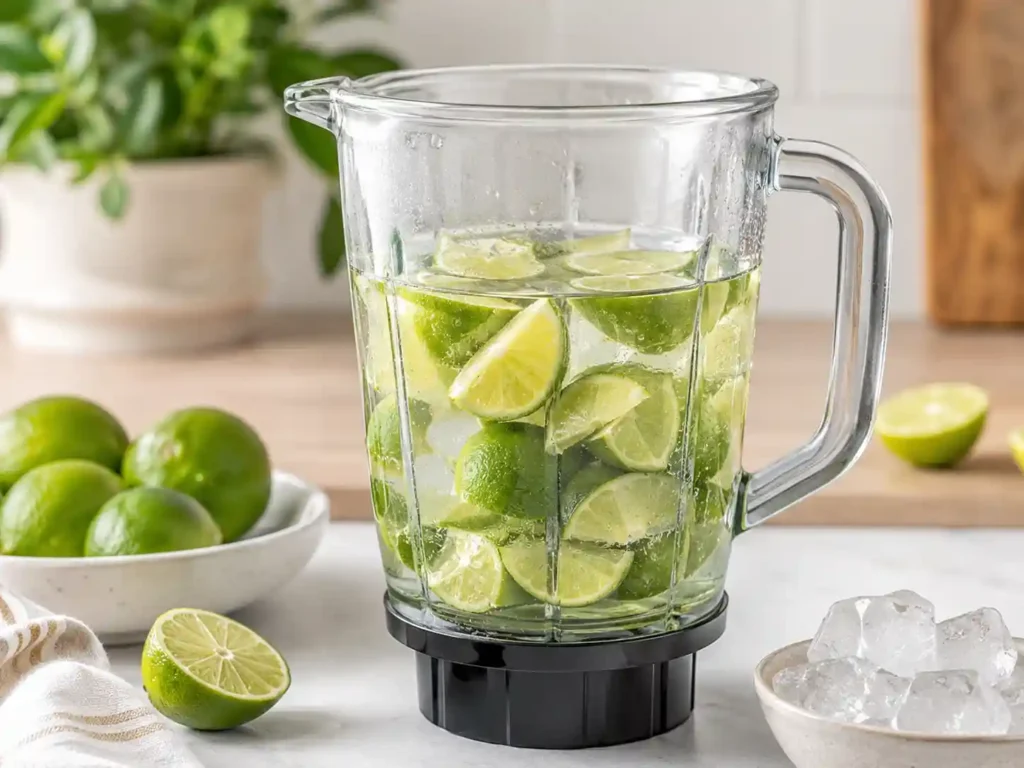 Quartered limes and cold water in a blender jar for Brazilian lemonade.