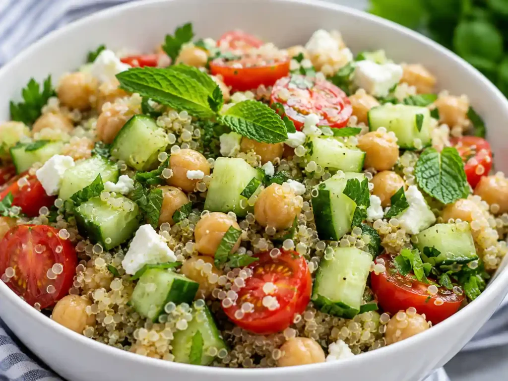 Close-up of quinoa chickpea cucumber bowls with fluffy quinoa, chickpeas, cucumber, tomatoes, herbs, feta, and lemon dressing.