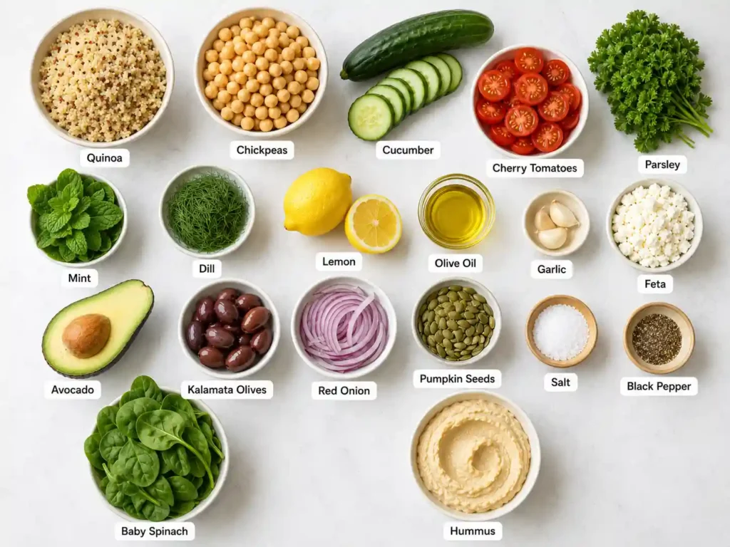 Labeled ingredients for quinoa chickpea cucumber bowls including quinoa, chickpeas, cucumber, tomatoes, herbs, lemon, olive oil, garlic, and optional toppings.