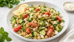 Quinoa chickpea cucumber bowls with cherry tomatoes, herbs, lemon dressing, and optional feta in a white bowl.