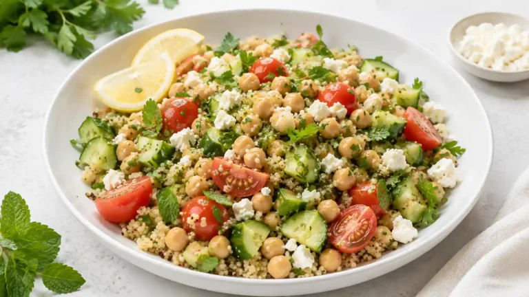 Quinoa chickpea cucumber bowls with cherry tomatoes, herbs, lemon dressing, and optional feta in a white bowl.