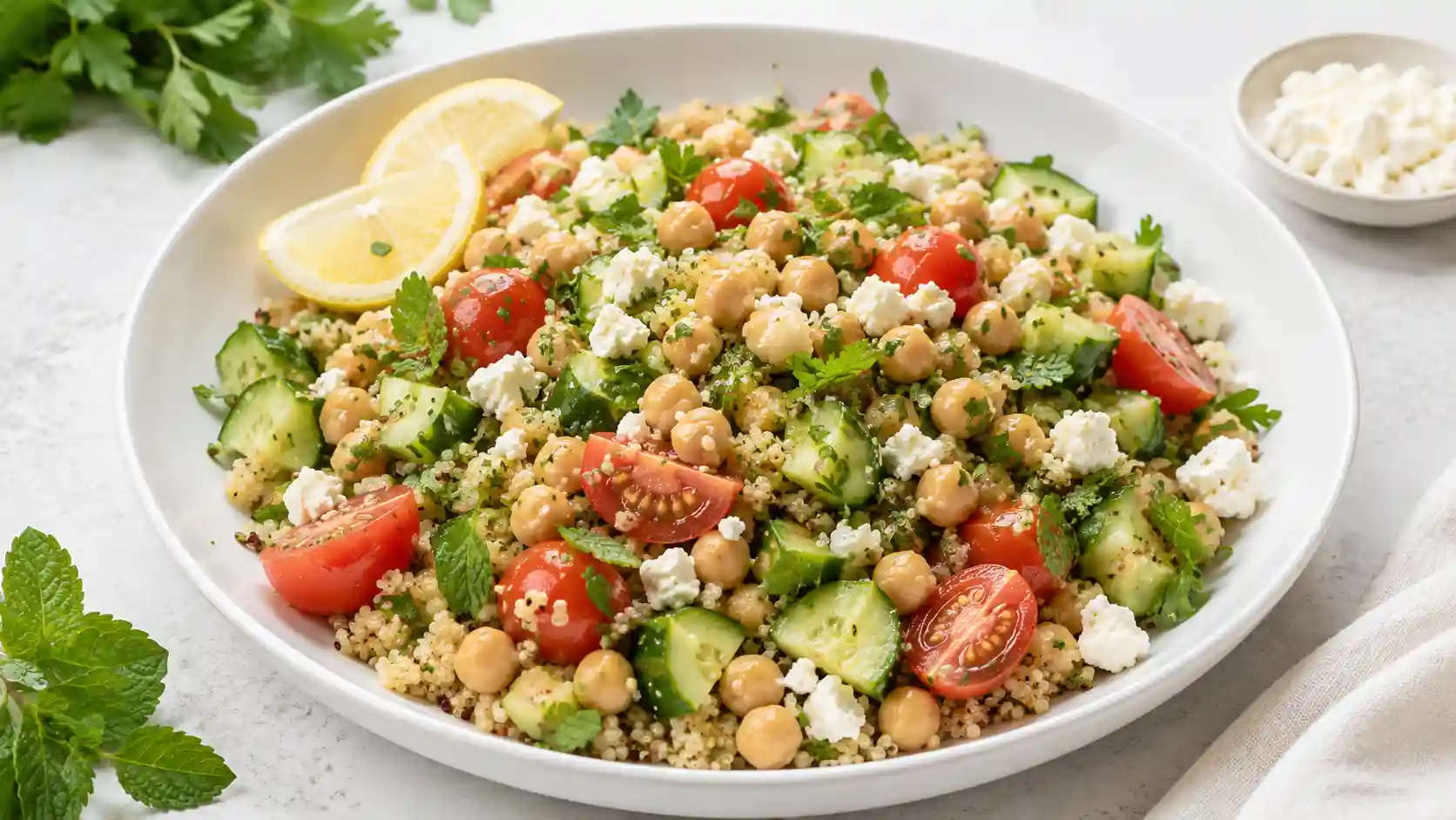 Quinoa chickpea cucumber bowls with cherry tomatoes, herbs, lemon dressing, and optional feta in a white bowl.