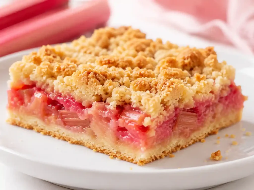 Close-up of a rhubarb bar showing golden crumb topping, pink rhubarb filling, and buttery crust texture.