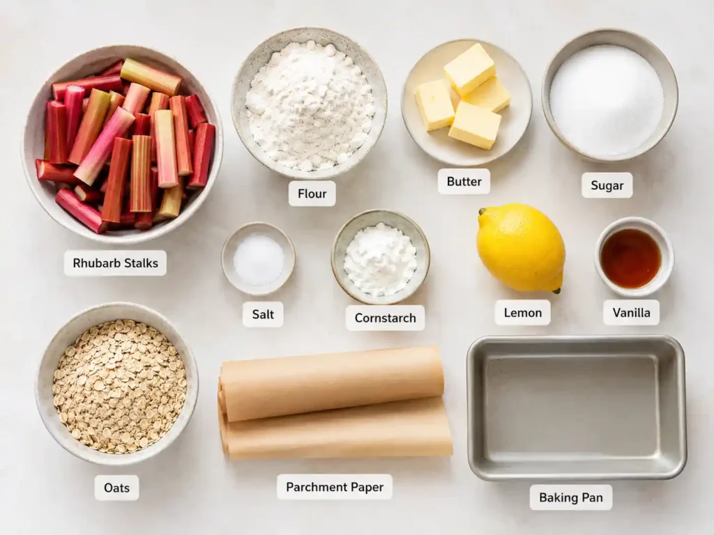 Labeled ingredients for rhubarb bars including rhubarb stalks, flour, butter, sugar, salt, cornstarch, lemon, vanilla, oats, parchment paper, and baking pan.