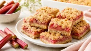Rhubarb bars with a buttery crust, pink rhubarb filling, and golden crumb topping sliced into dessert squares.