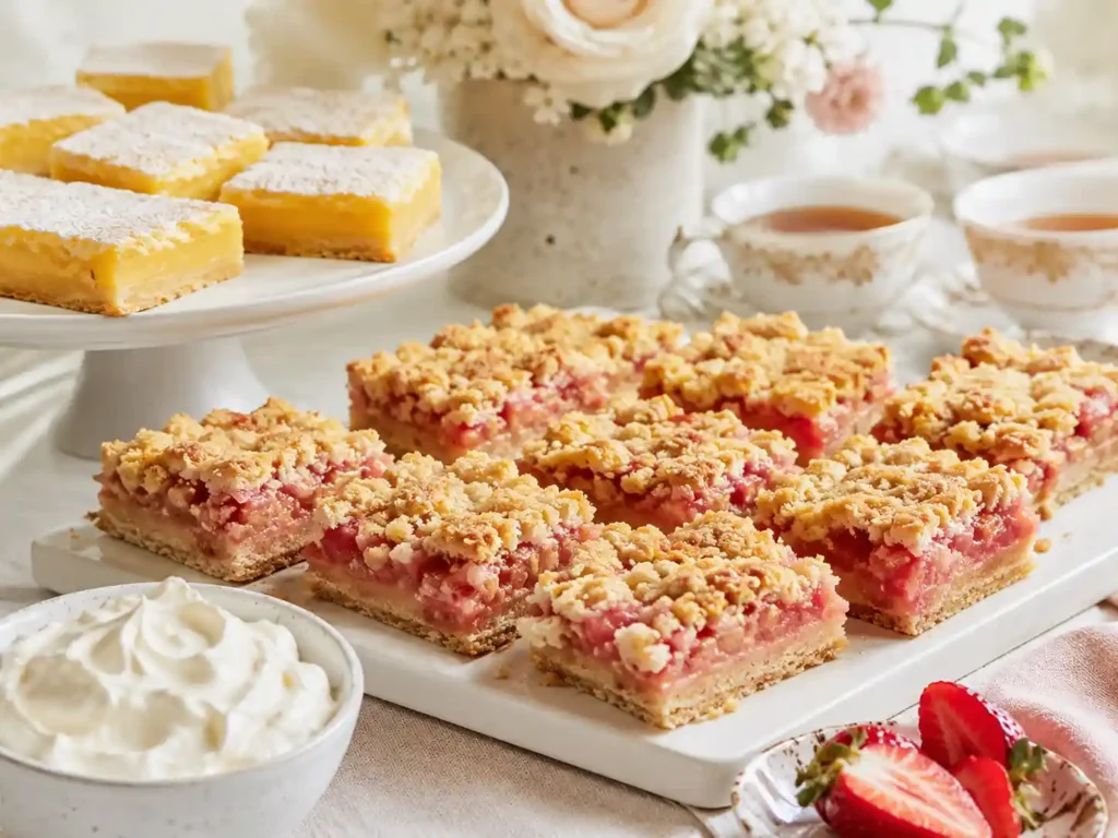 Rhubarb bars served on a spring dessert table with lemon bars, whipped cream, tea, and fresh fruit.