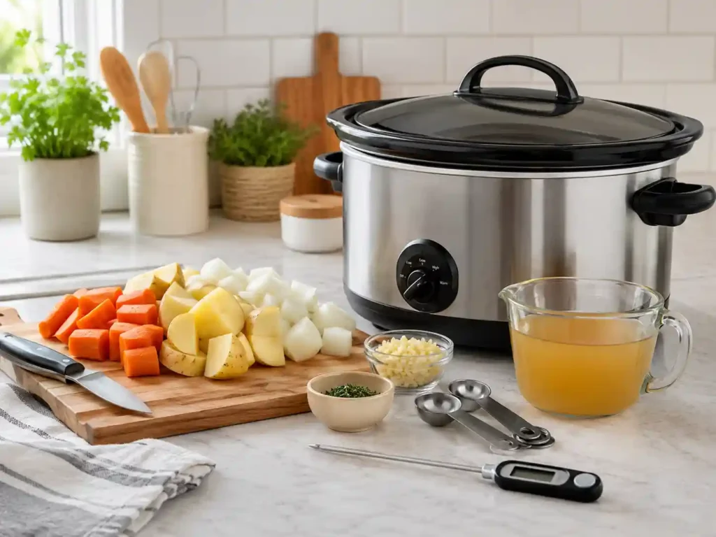 Slow cooker prep scene with thawed ingredients, a food thermometer, vegetables, broth, and a clean cutting board.