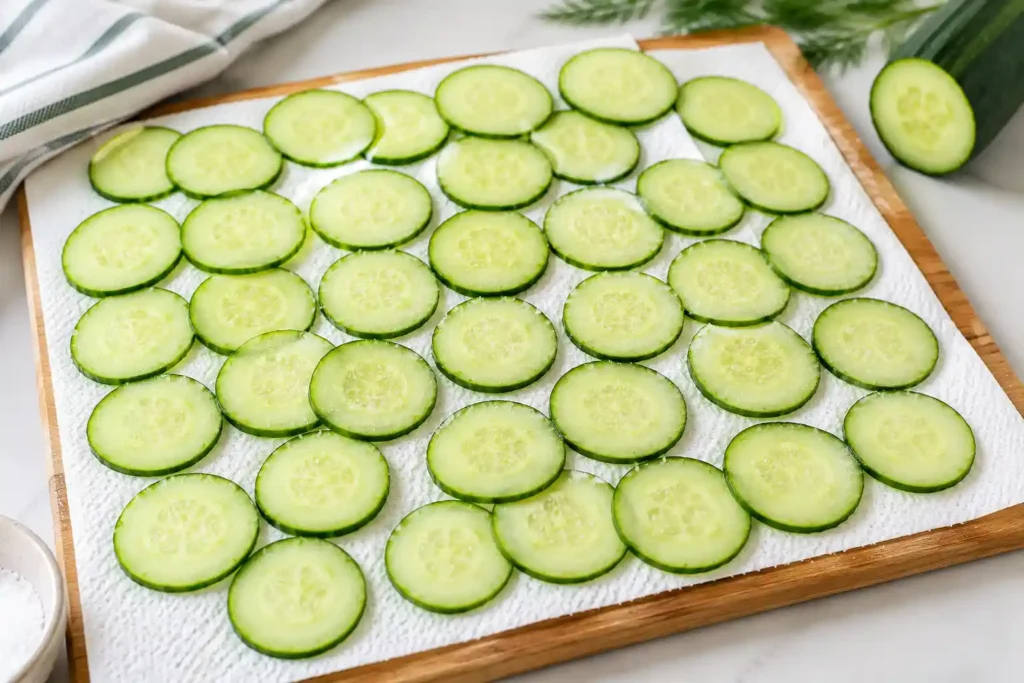 Thin cucumber slices salted and drying on paper towels before making tea sandwiches