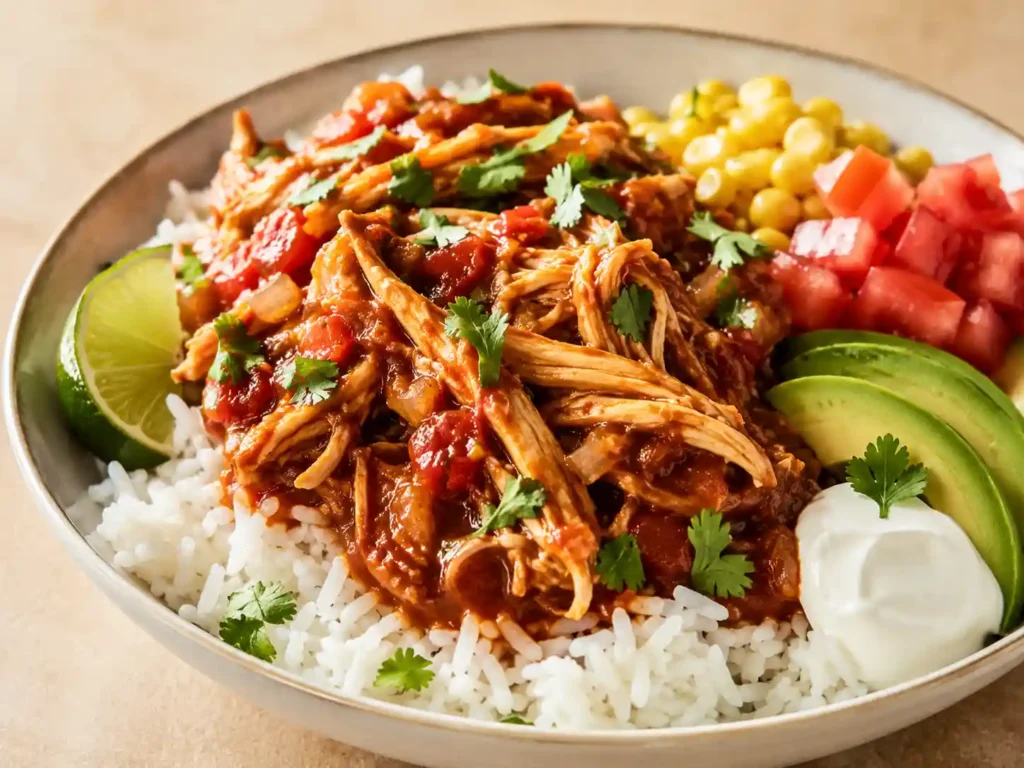 Close-up of saucy shredded crockpot chicken over rice with salsa, lime, cilantro, corn, and fresh toppings.