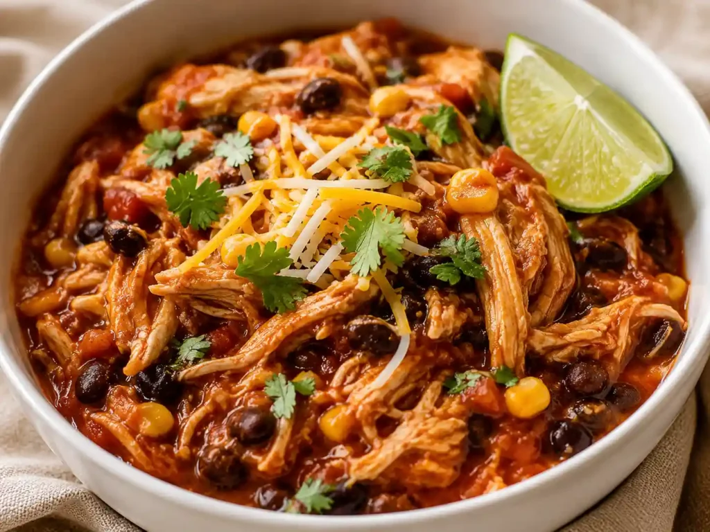 Close-up of saucy shredded crockpot chicken with black beans, corn, cilantro, lime, and shredded cheese in a bowl.