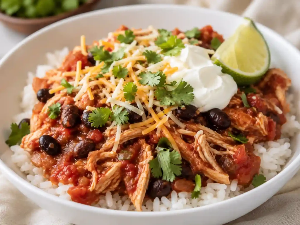 Close-up of shredded salsa chicken over rice with black beans, cheese, cilantro, lime, and creamy topping.