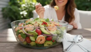 Shrimp Avocado Salad in a glass bowl with avocado, shrimp, cucumber, cherry tomatoes, red onion, and cilantro on an outdoor table.
