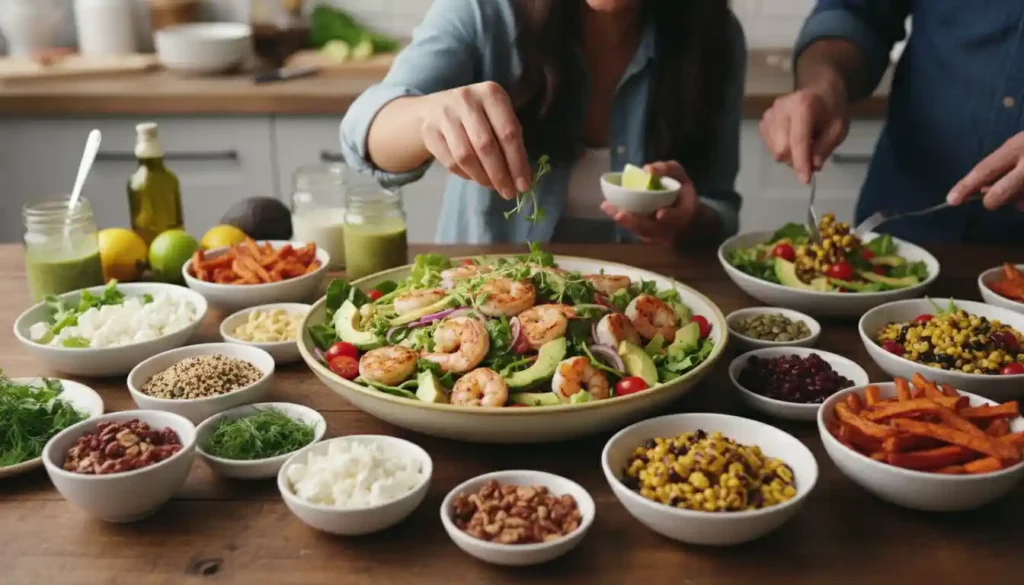 Shrimp Avocado Salad served on a summer dinner table with fresh sides, quinoa, corn salad, herbs, and vegetables.