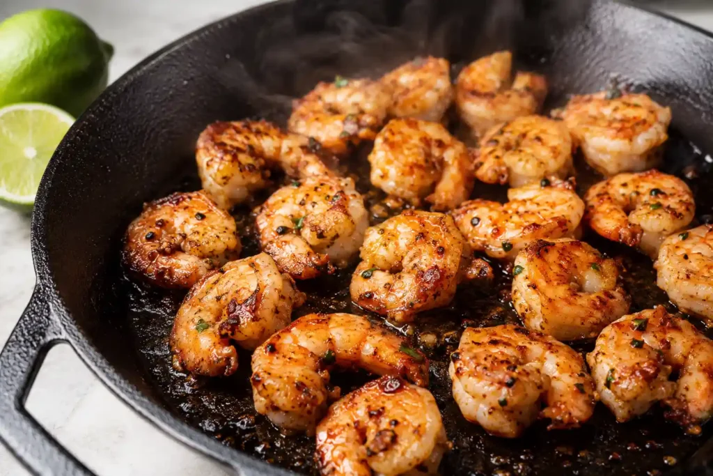Chili lime shrimp cooking in a skillet until pink and opaque
