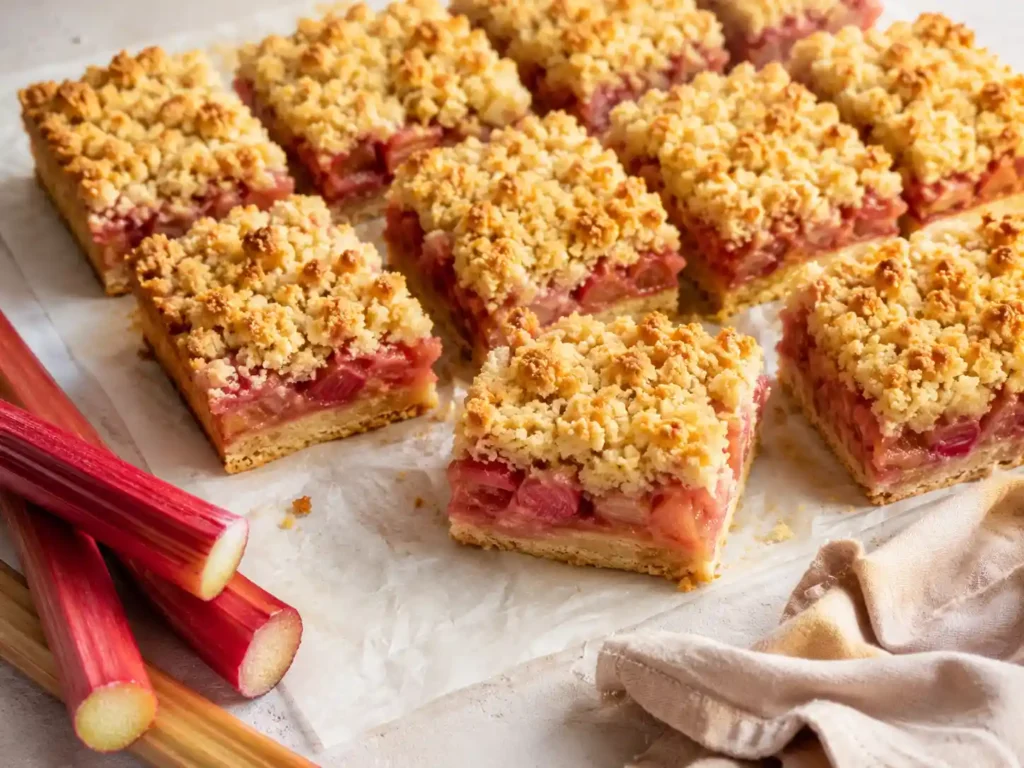 Sliced rhubarb bars arranged on parchment with golden crumb topping and pink rhubarb filling.