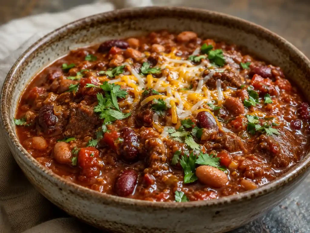 Close-up of thick slow cooker beef and bean chili with tender beef, beans, tomato sauce, herbs, and shredded cheese.