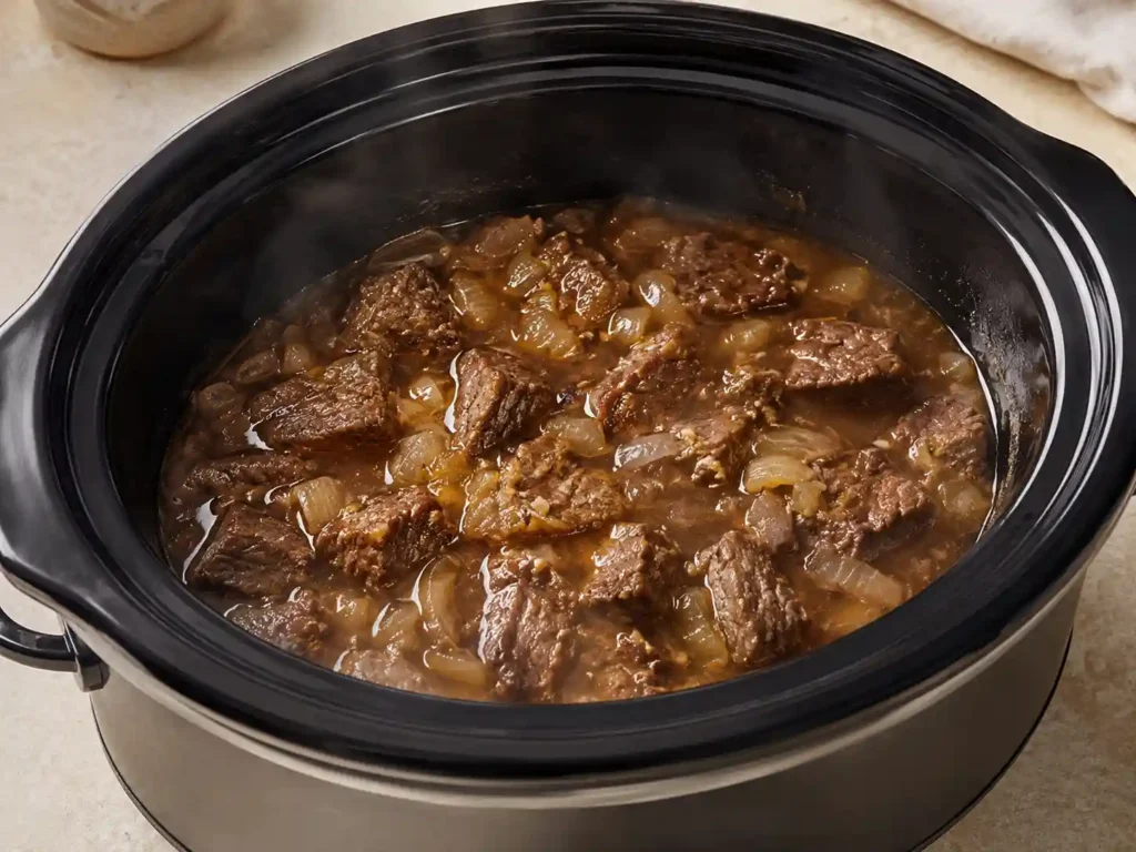 Tender beef cooking in a slow cooker with onions, garlic, broth, and savory gravy before the noodles are added.