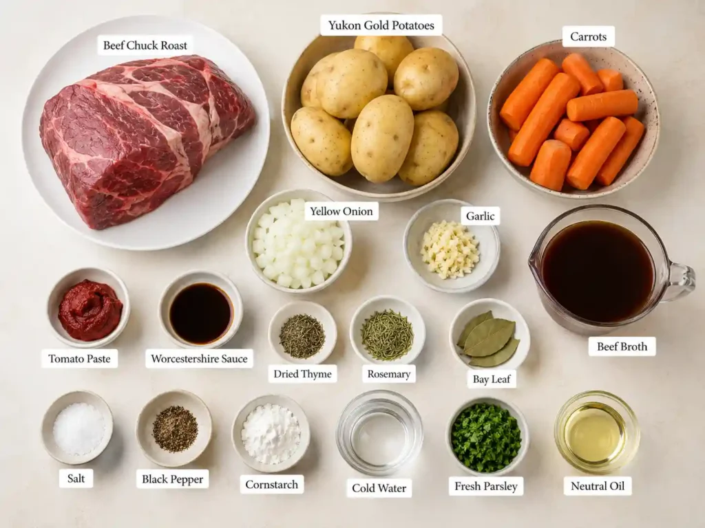 Labeled ingredients for slow cooker beef casserole including beef chuck roast, potatoes, carrots, onion, garlic, broth, tomato paste, Worcestershire sauce, herbs, cornstarch, and parsley.