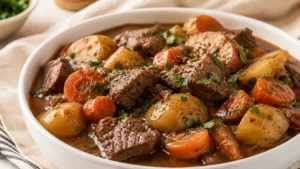 Slow cooker beef casserole with tender beef, potatoes, carrots, and rich brown gravy in a white bowl.