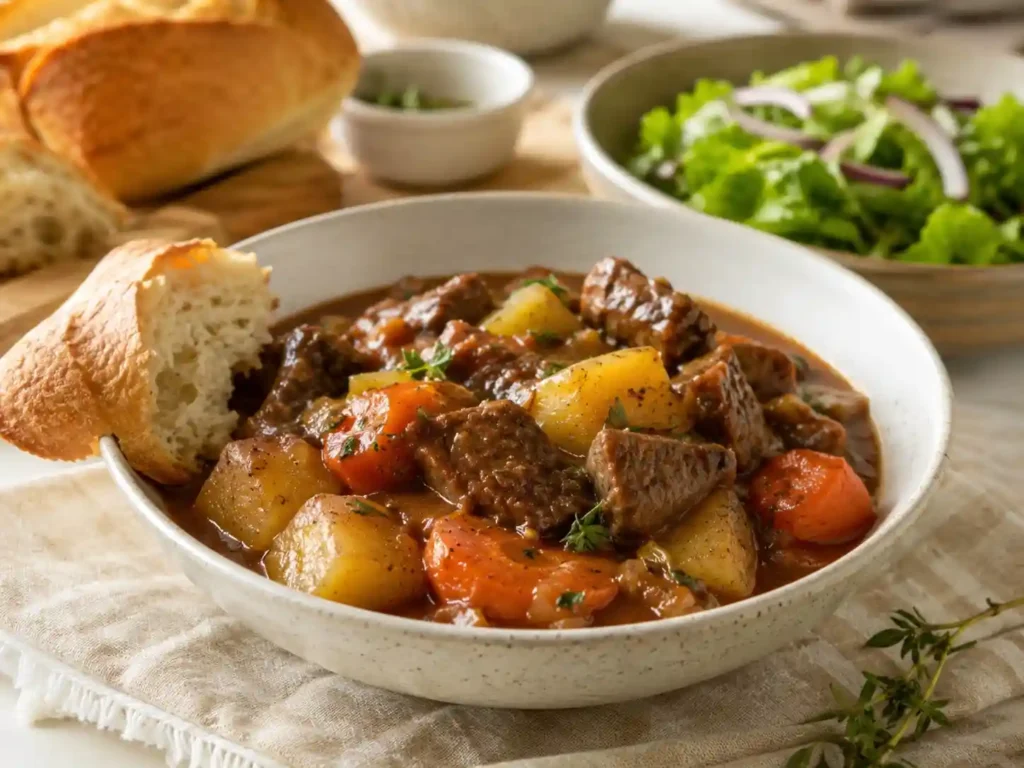 Slow cooker beef casserole served with crusty bread and a simple green salad.
Slow cooker beef casserole served with crusty bread and a simple green salad.